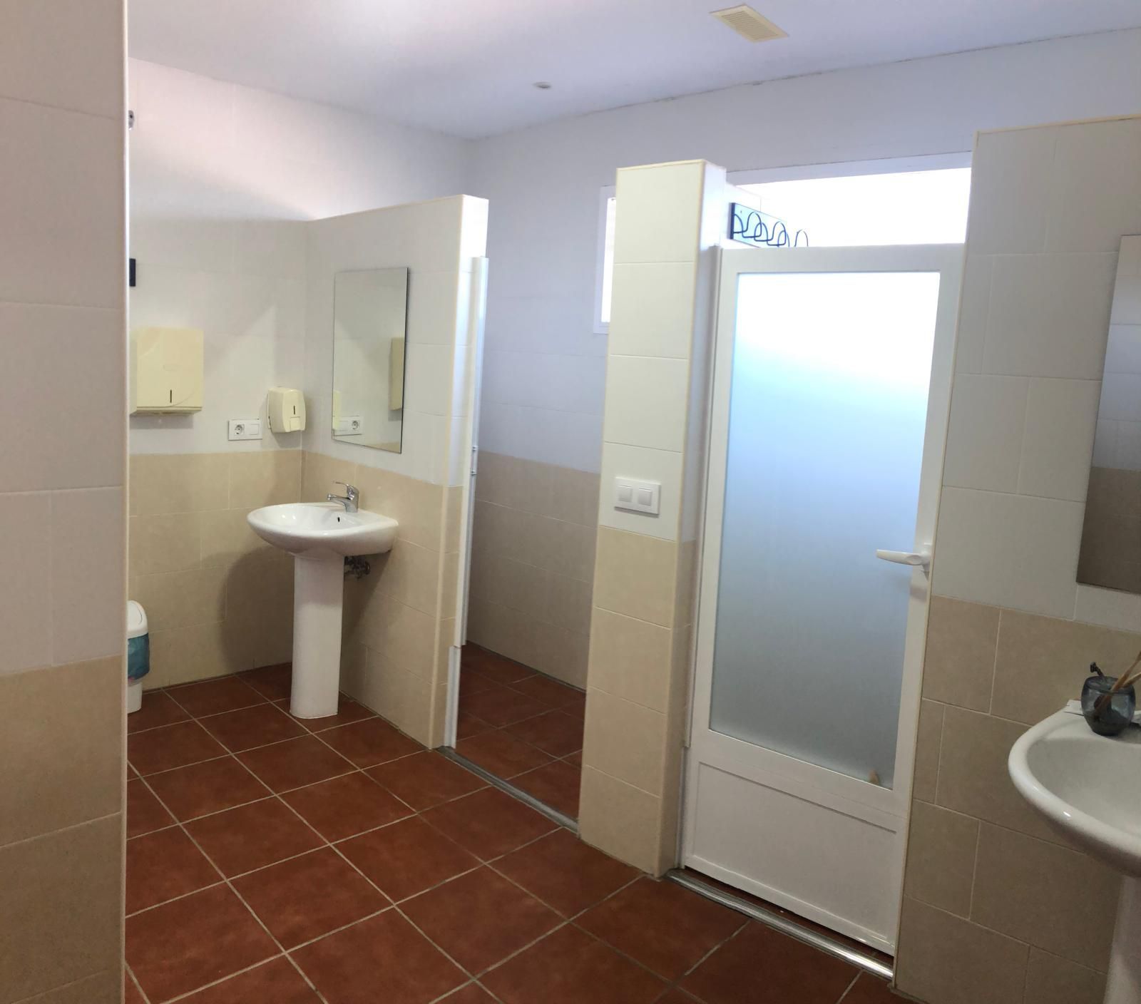 Un baño con lavabo, espejo y ducha.