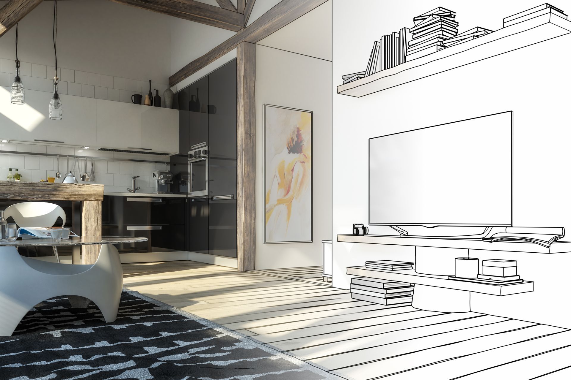 Aménagement intérieur à moitié photo et à moitié dessin