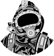 Illustration d'un casque et d'une combinaison de plongée en noir et blanc, avec un masque circulaire et des détails texturés.
