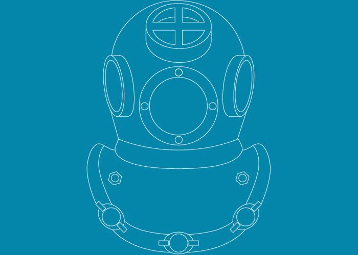Dessin au trait blanc d'un casque de plongeur sur fond bleu vif