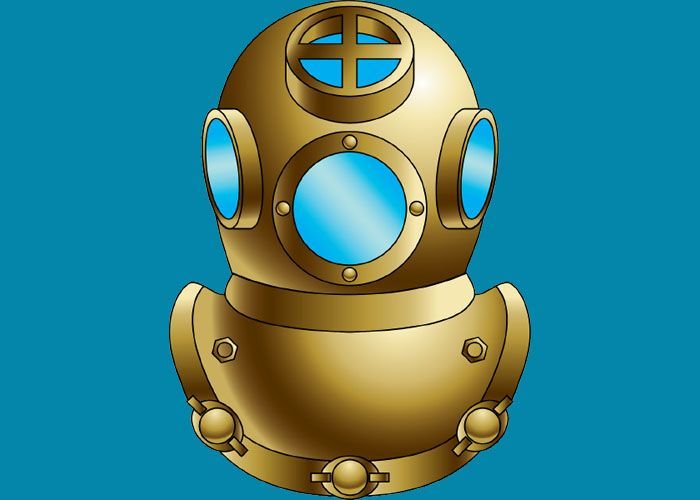 Casque de plongée avec des lentilles circulaires bleues sur fond bleu uni
