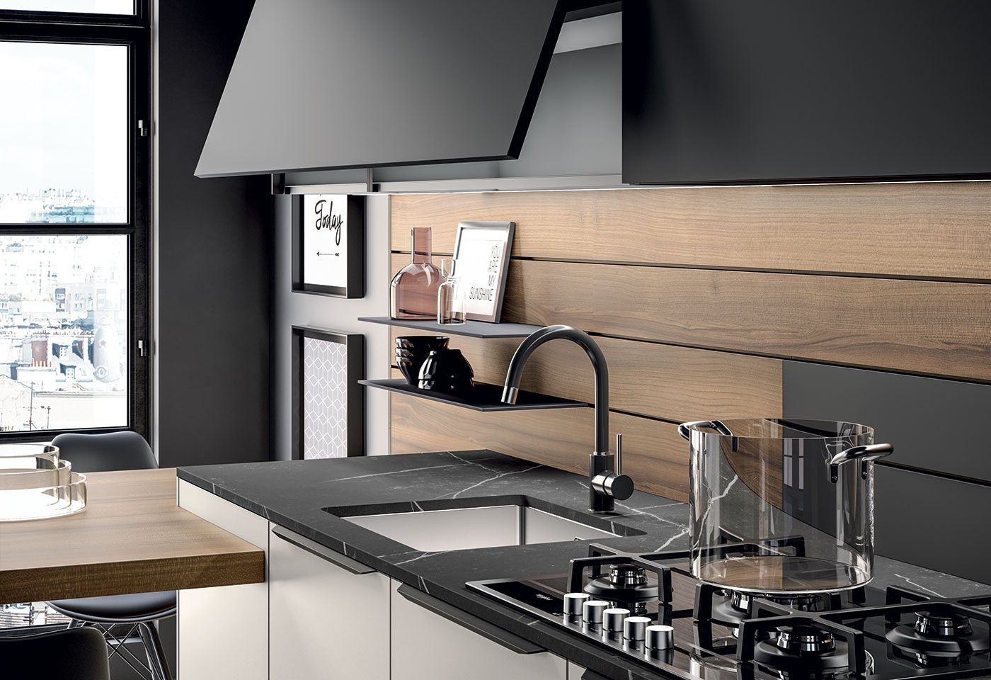 Une cuisine moderne en bois et métal noir de chez Arredo3