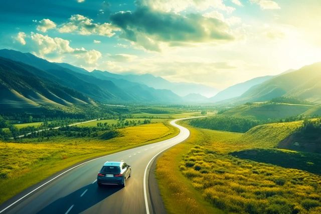Une voiture roulant sur une route sans fin dans une large vallée