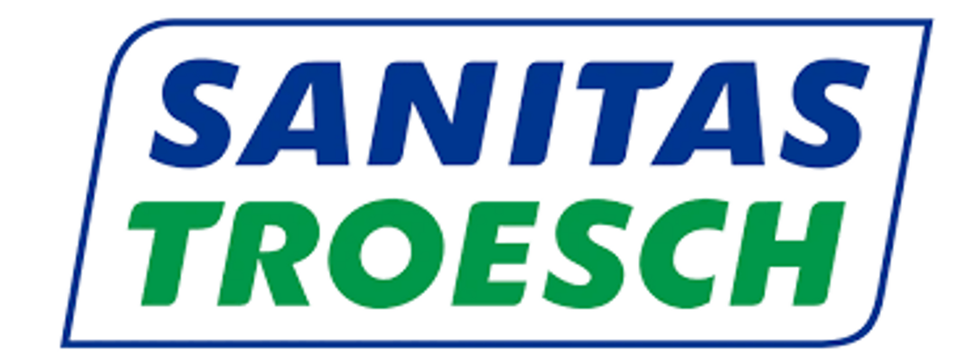 Logo für Sanitias Troesch in Blau und Grün innerhalb eines abgerundeten Rechtecks.