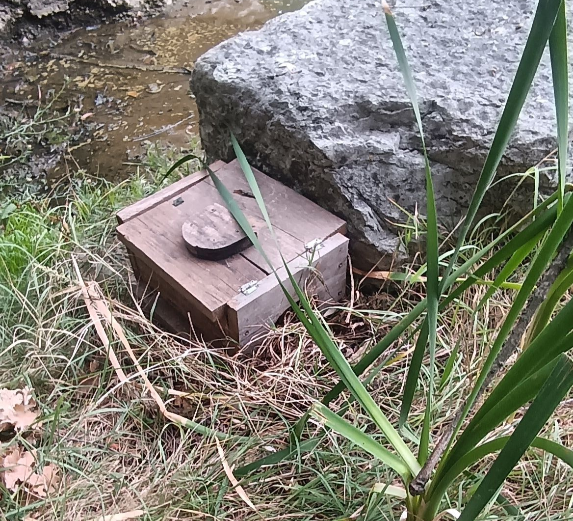 Un piège en bois près d'un point d'eau.