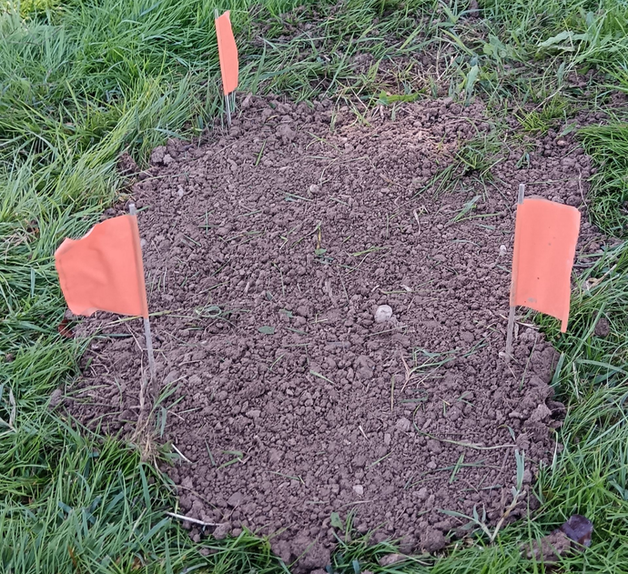 Une parcelle circulaire de terre dans l'herbe, marquée par trois drapeaux orange.