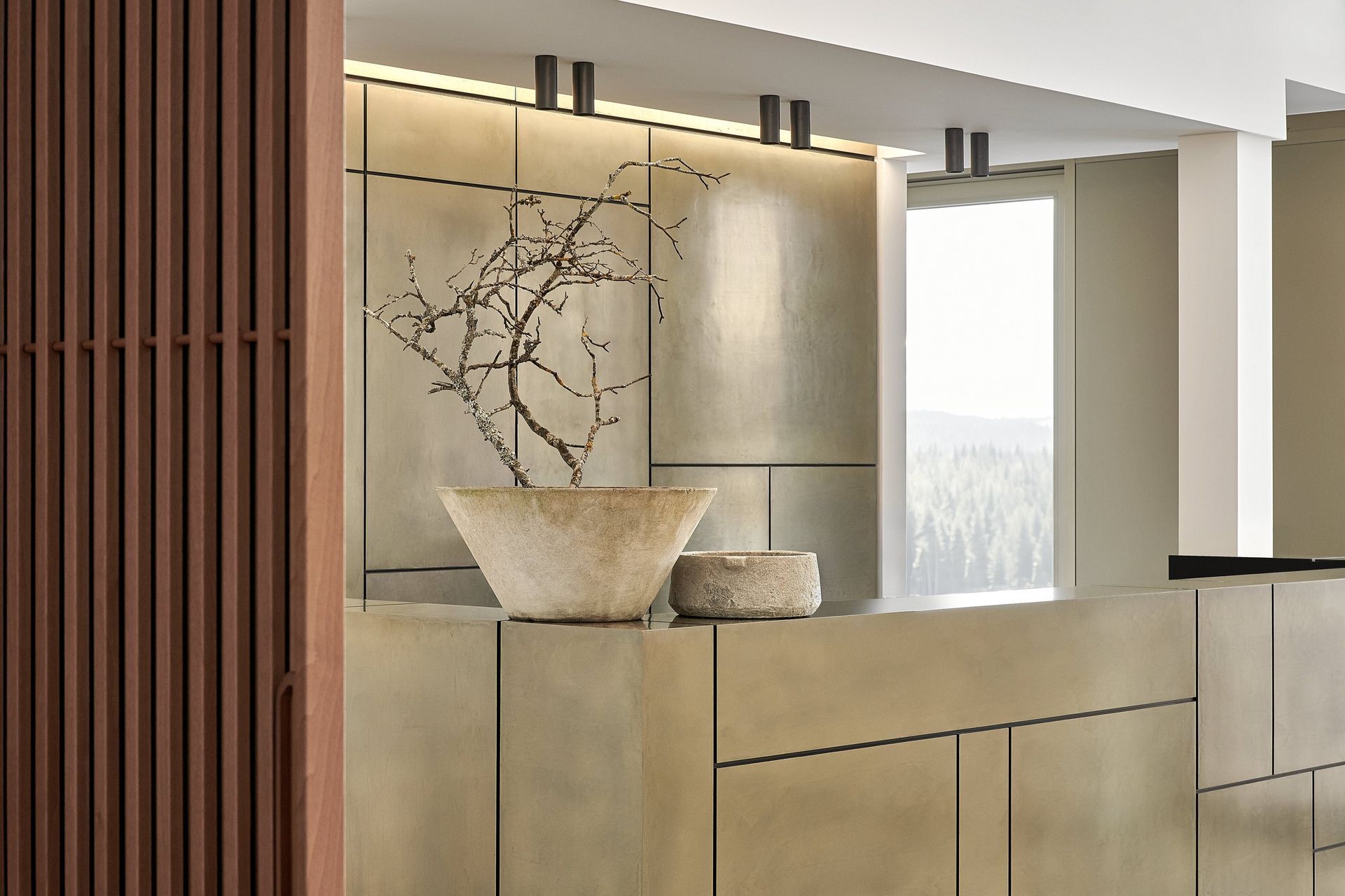 Schreinerei Häckl - Küche mit glatten Oberflächen, Fronten in gebürstetem Gold