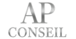 Un logo argenté pour ap conseil sur fond blanc.