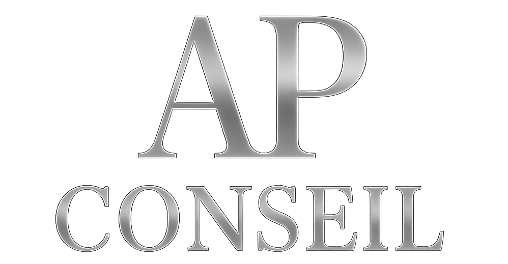 Un logo argenté pour ap conseil sur fond blanc.