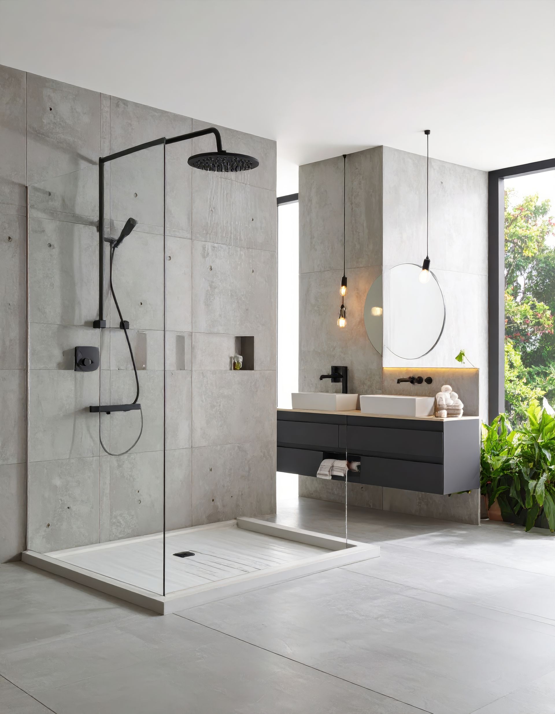 Salle de bains moderne avec douche à l'italienne, baignoire îlot et meuble lavabo dans un intérieur gris minimaliste.