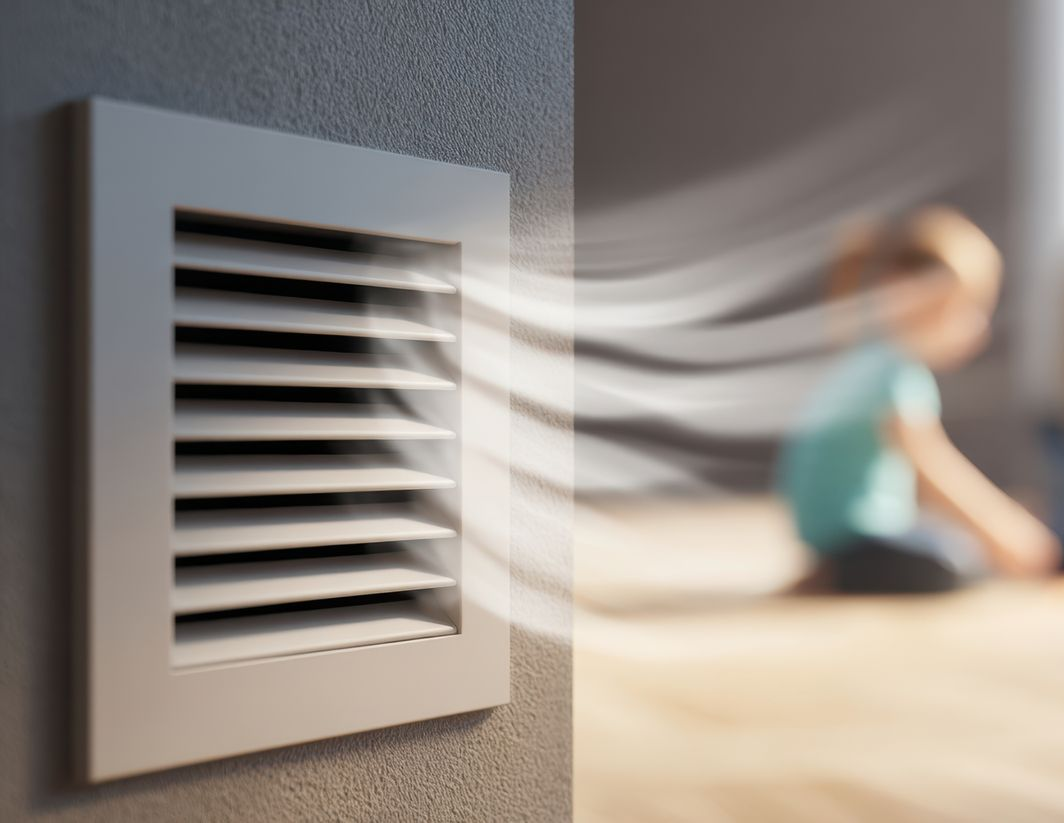 Une grille d'aération blanche souffle de l'air vers une personne floue assise dans une pièce ensoleillée.