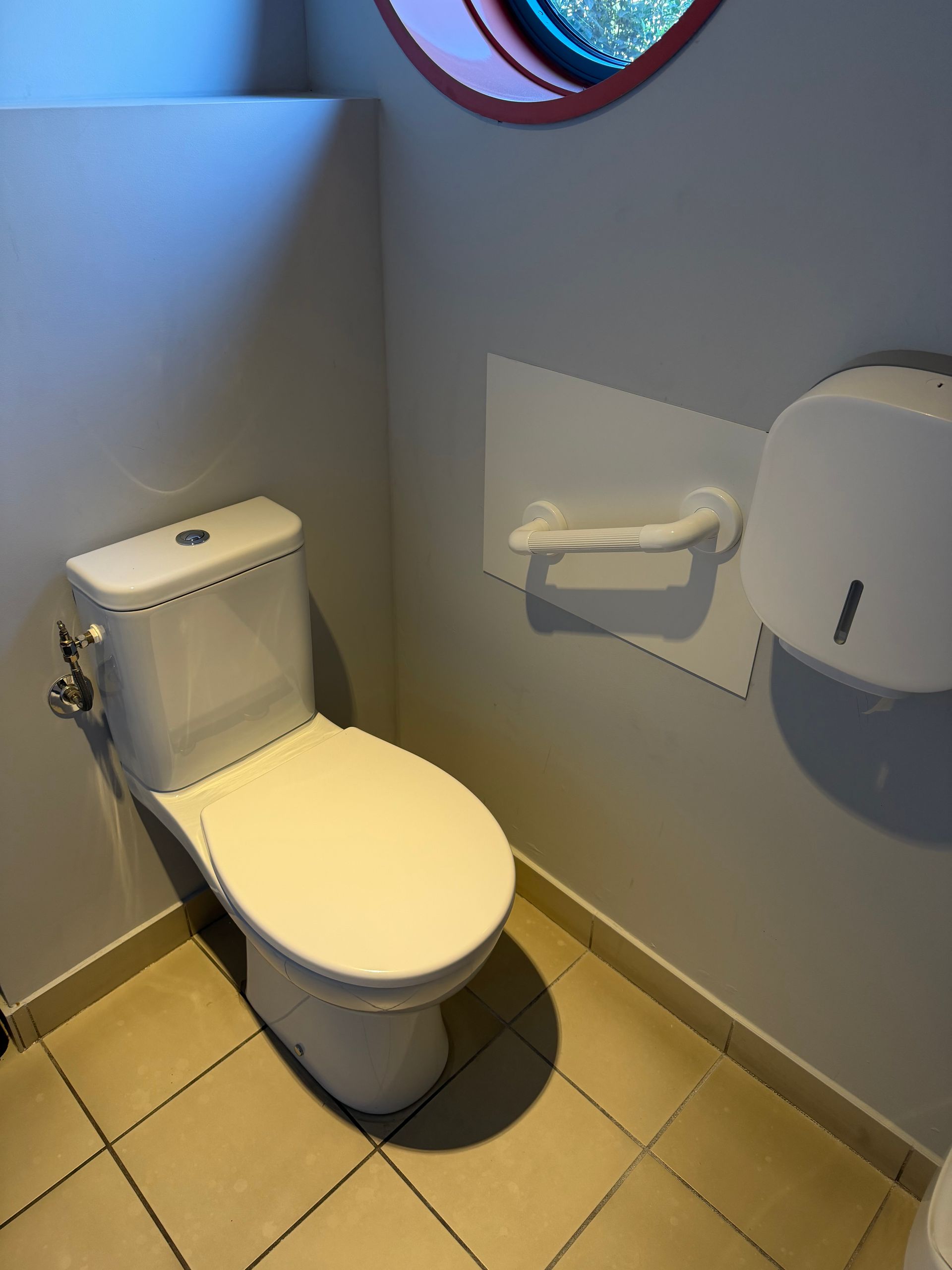 Salle de bains accessible avec toilettes blanches et barre d'appui à côté d'un distributeur mural
