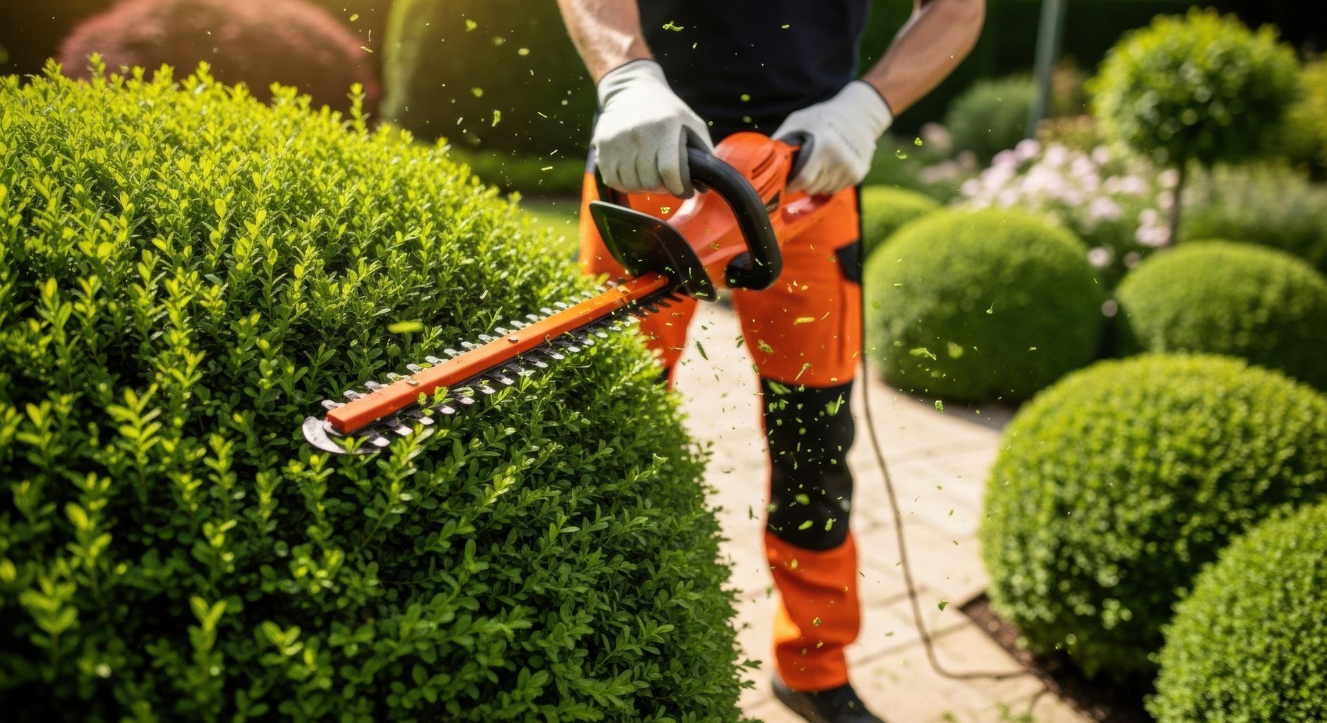 Un paysagiste qui taille un buisson à l'aide d'un taille-haie.
