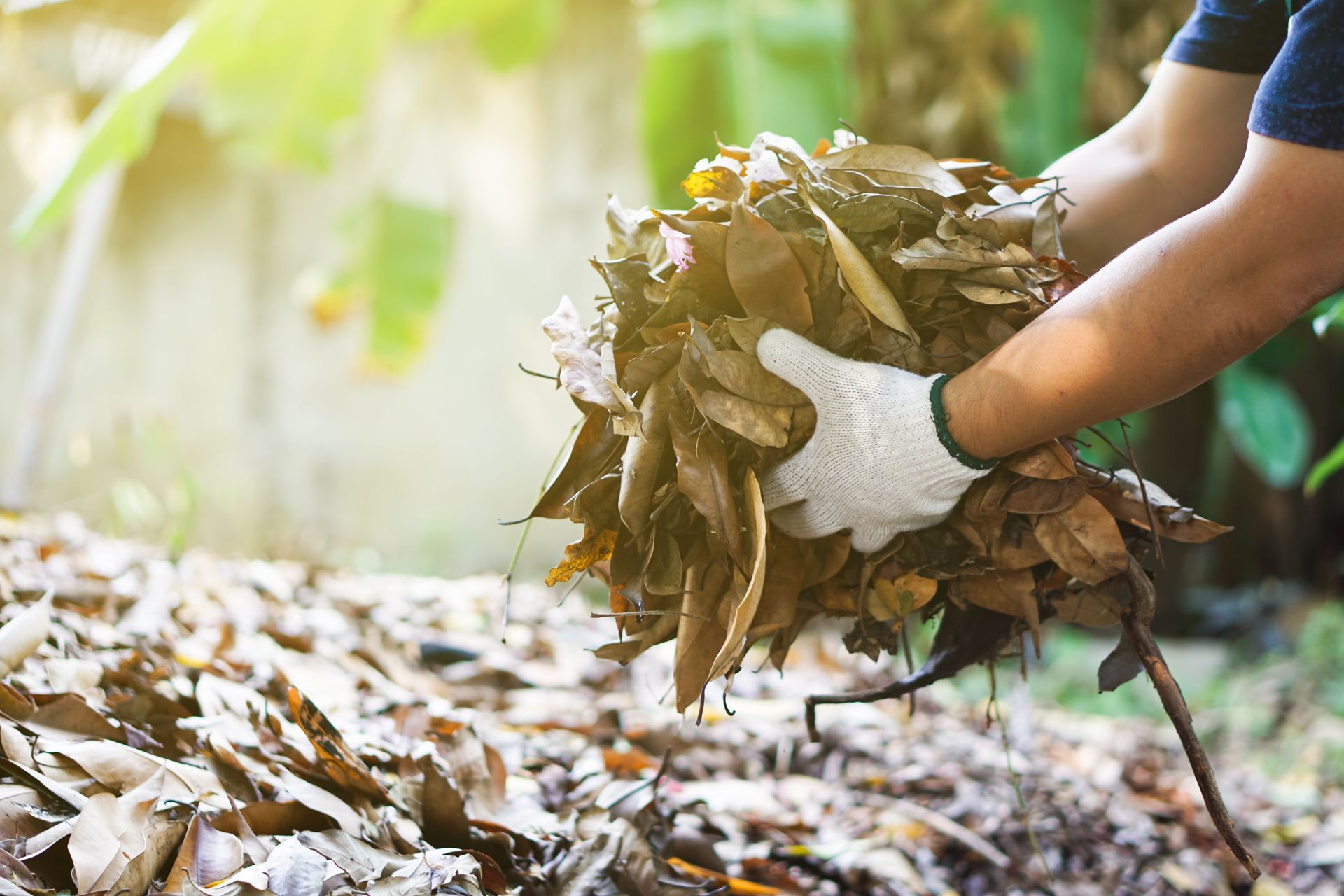 Un paysagiste qui ramasse un tas de feuilles mortes.