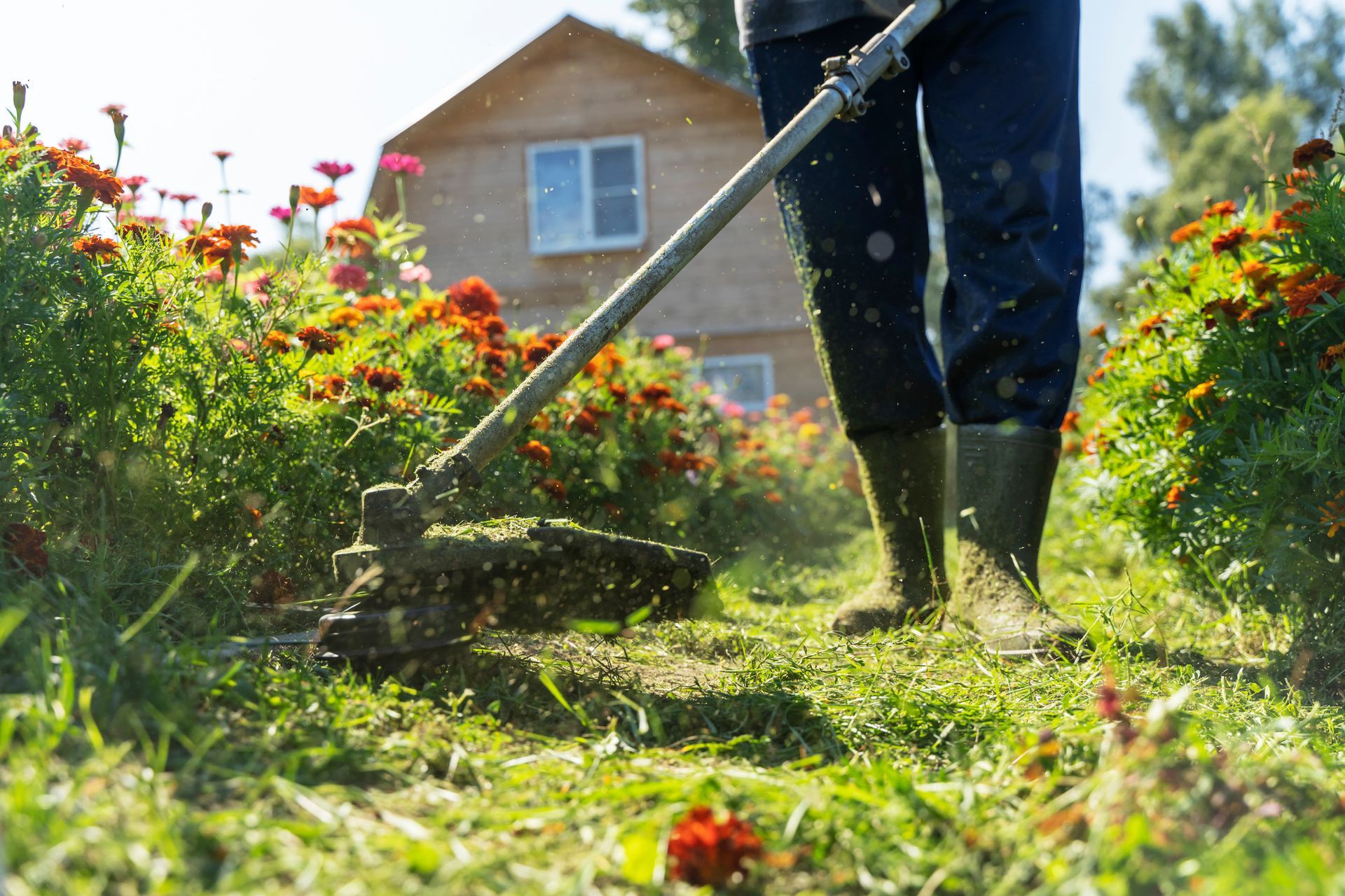 Gros plan sur une débroussailleuse qui débroussaille des fleurs sauvages dans un jardin.