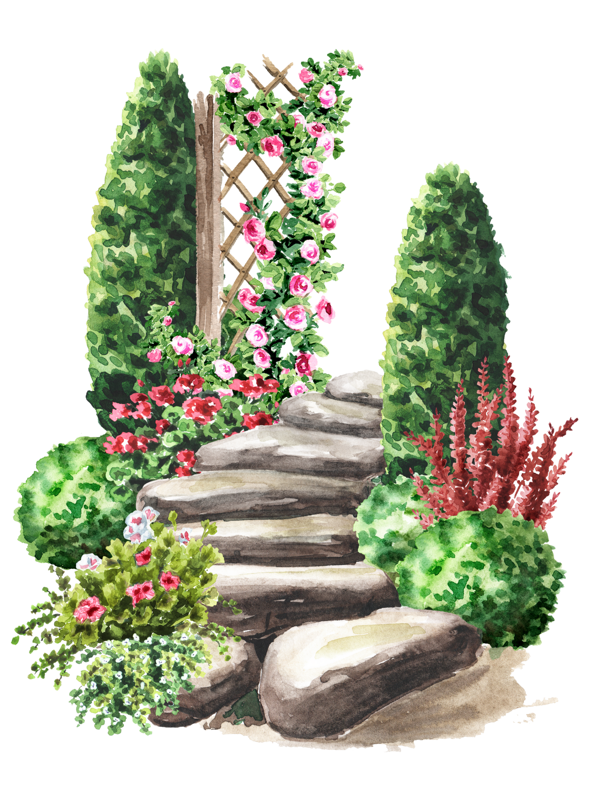 Un dessin à l'aquarelle représentant des marches en pierres avec des massifs floraux.
