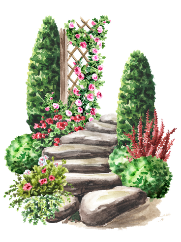 Un dessin à l'aquarelle représentant des marches en pierres avec des massifs floraux.