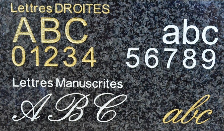 Gravures exemples sur une tombe avec différentes typographie et tailles