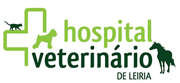 Logo for a veterinary hospital in Leiria, Portugal. Features a cross shape with cat, dog, and horse silhouettes.