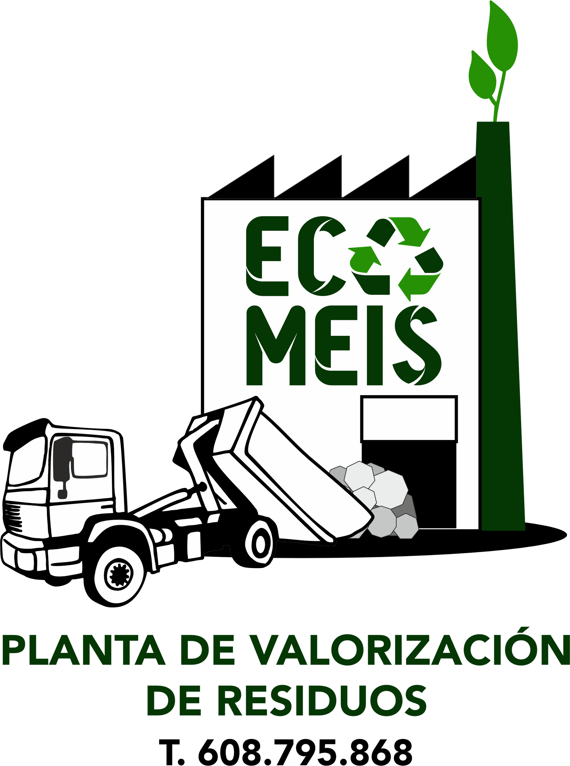 Logotipo de valorizaci&oacute;n de residuos de EcoMeis con planta de reciclaje, cami&oacute;n de basura y brote verde, texto &ldquo;PLANTA DE VALORIZACI&Oacute;N DE RESIDUOS&rdquo;.