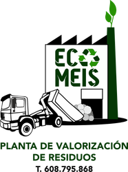 Logotipo de valorizaci&oacute;n de residuos de EcoMeis con planta de reciclaje, cami&oacute;n de basura y brote verde, texto &ldquo;PLANTA DE VALORIZACI&Oacute;N DE RESIDUOS&rdquo;.
