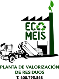 Logotipo de valorizaci&oacute;n de residuos de EcoMeis con planta de reciclaje, cami&oacute;n de basura y brote verde, texto &ldquo;PLANTA DE VALORIZACI&Oacute;N DE RESIDUOS&rdquo;.