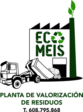 Logotipo de valorización de residuos de EcoMeis con planta de reciclaje, camión de basura y brote verde, texto “PLANTA DE VALORIZACIÓN DE RESIDUOS”.