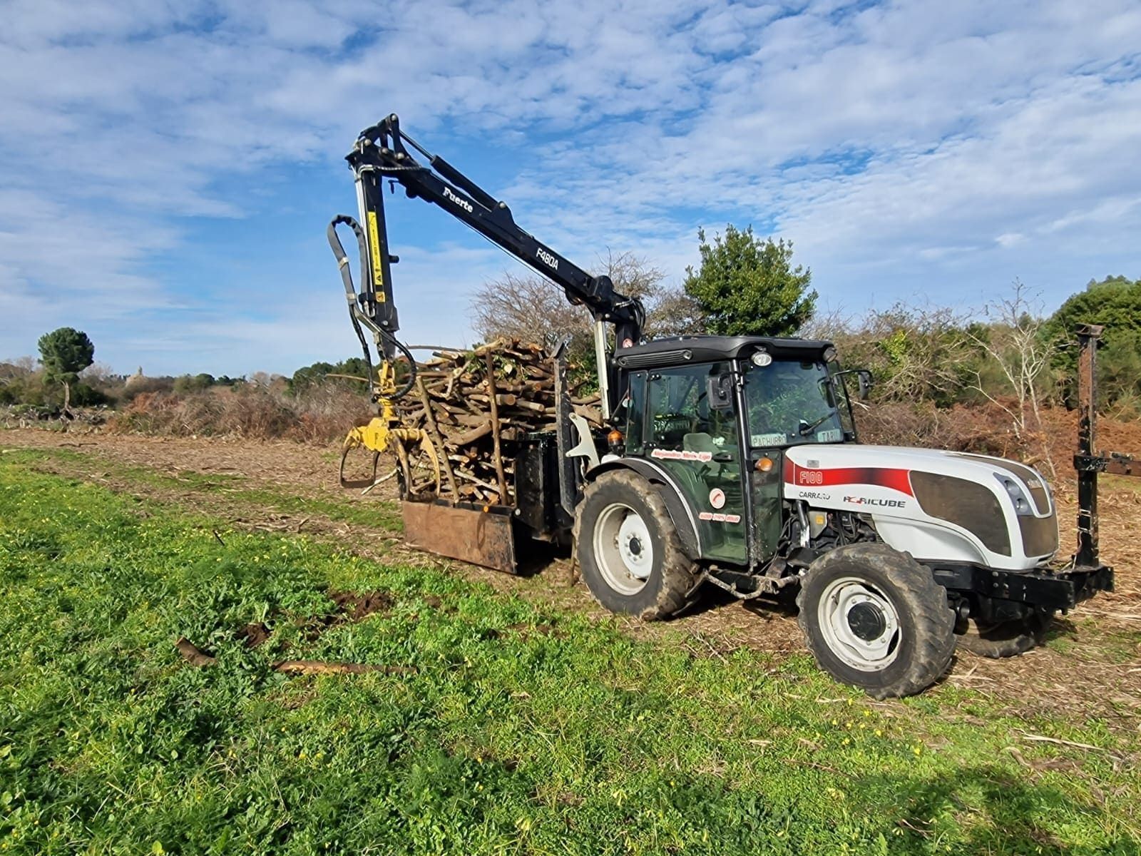 Tractor con grúa cosechando maleza o madera en un campo bajo un cielo nublado.