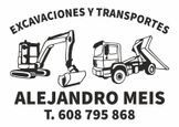 Logo de “Excavaciones y Transportes Alejandro Meis” con dibujos de excavadora, camión y teléfono.