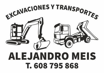 Logo en blanco y negro de “Excavaciones y Transportes Alejandro Meis” con excavadora, camión y teléfono.