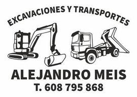 Logo en blanco y negro de “Excavaciones y Transportes Alejandro Meis” con excavadora, camión y teléfono.