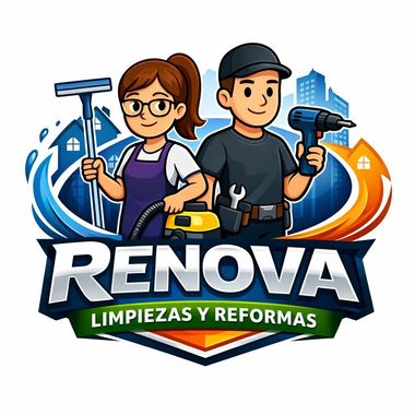 Logotipo: Dos personajes animados: una mujer con herramientas de limpieza y un hombre con un taladro.