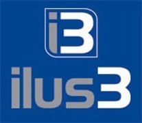 Un logotipo azul y blanco para illus3 sobre un fondo azul.