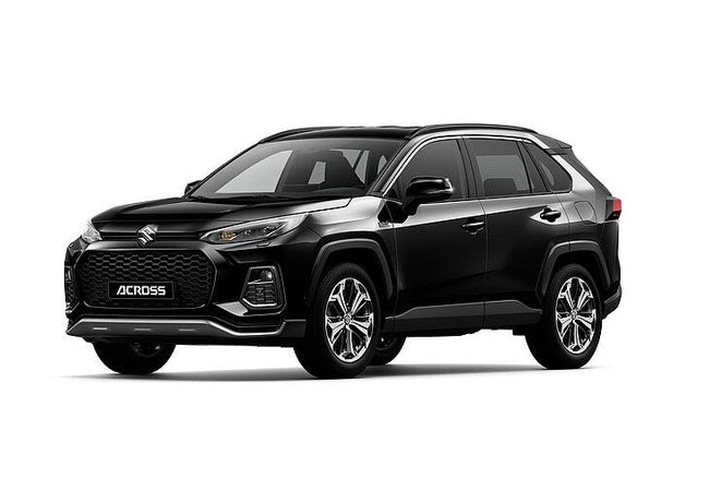 Une suzuki noire sur un suv est représentée sur un fond blanc.