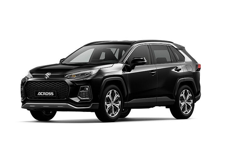 Une suzuki noire sur un suv est représentée sur un fond blanc.