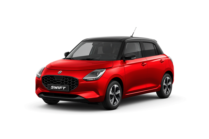 Un Suzuki Swift rouge est représenté sur un fond blanc.