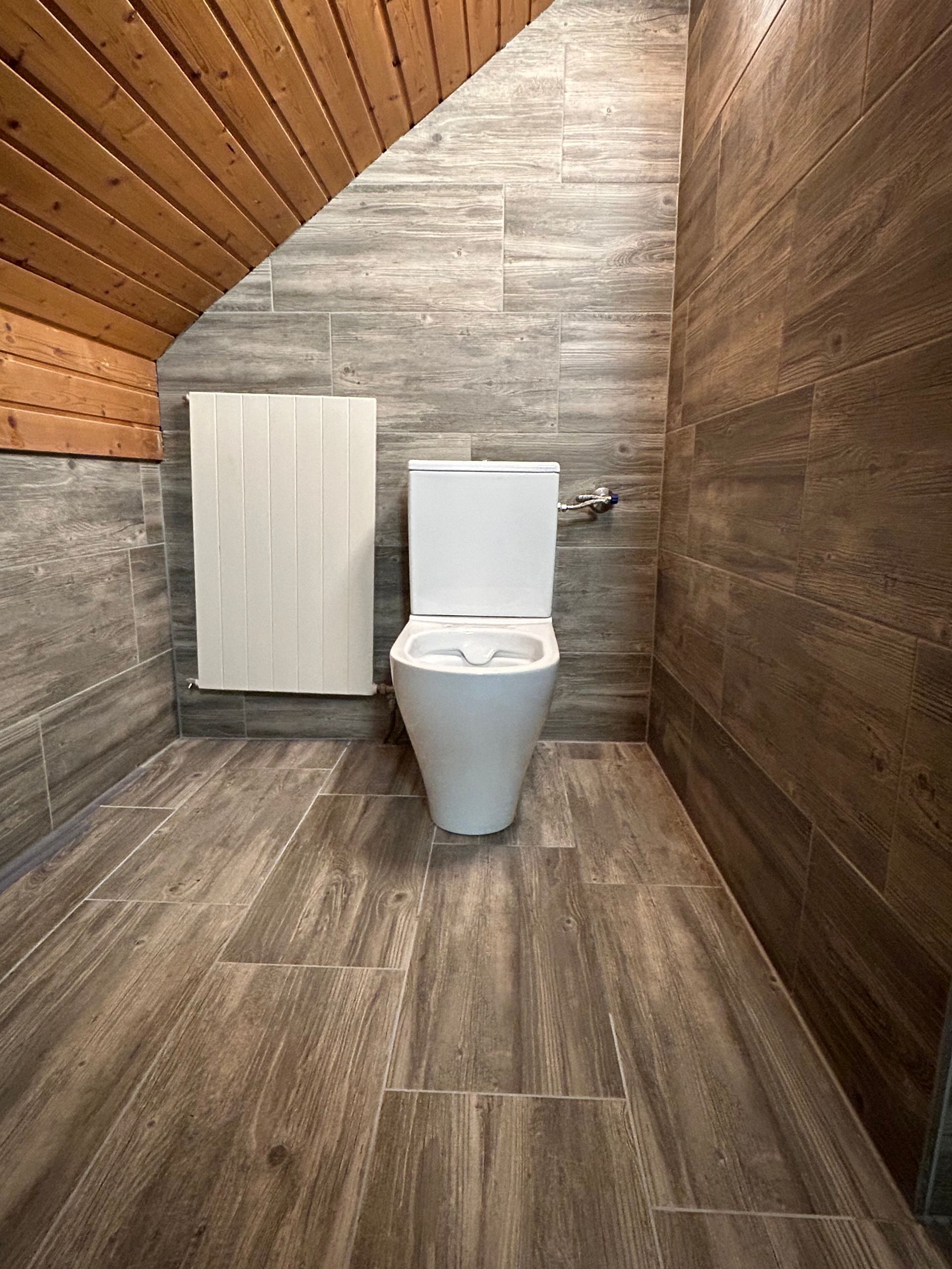 Ein Badezimmer mit Toilette und Holzwand.