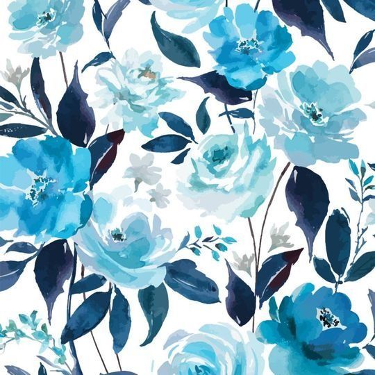 Un patrón sin costuras de flores y hojas azules sobre un fondo blanco.
