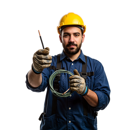 Électricien portant un casque jaune, une chemise bleue et des gants tenant un fil et un câble enroulé.