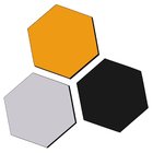 Tres hexágonos dispuestos en forma de triángulo: uno naranja, uno gris claro y uno negro.
