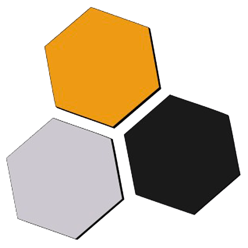 Tres hexágonos dispuestos en forma de triángulo: uno naranja, uno gris claro y uno negro.