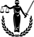 Silueta de la Dama de la Justicia negra con balanza y espada, enmarcada por ramas de laurel.
