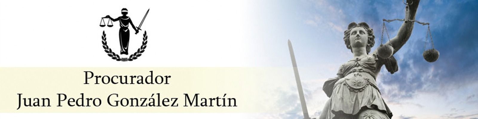 Logotipo con balanza judicial y silueta de estatua, rotulado “Procurador Juan Pedro González Martín”