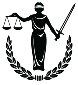 Emblema de un icono de justicia negra con balanza, espada y corona de laurel