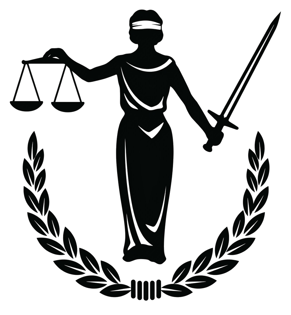 Emblema de un icono de justicia negra con balanza, espada y corona de laurel
