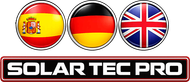 Tres iconos circulares con las banderas de Espa&ntilde;a, Alemania y el Reino Unido, mostrados encima del texto "SOLAR TEC PRO