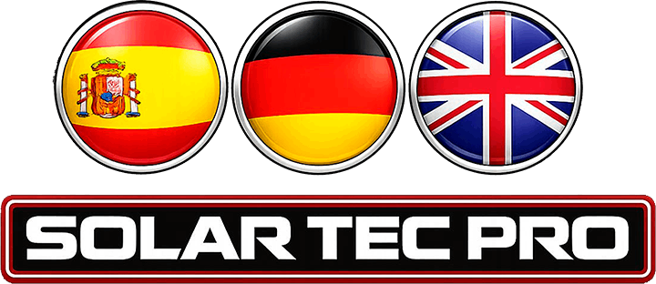 Tres iconos circulares con las banderas de España, Alemania y el Reino Unido, mostrados encima del texto "SOLAR TEC PRO