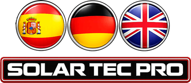 Tres iconos circulares con las banderas de Espa&ntilde;a, Alemania y el Reino Unido, mostrados encima del texto "SOLAR TEC PRO