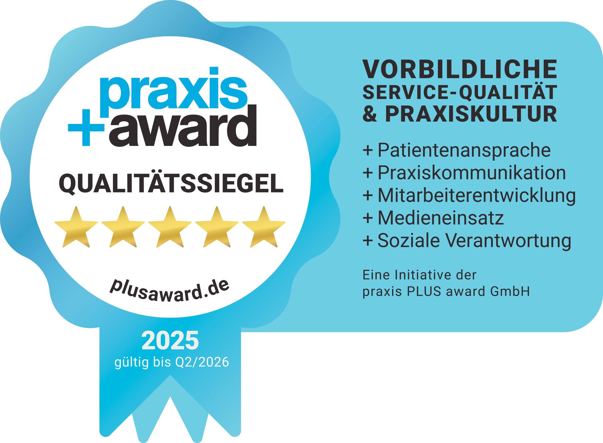 Ein blau-weißer Aufkleber mit der Aufschrift „Praxis Award“