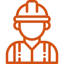 Un icono naranja de un hombre que lleva casco y tirantes.
